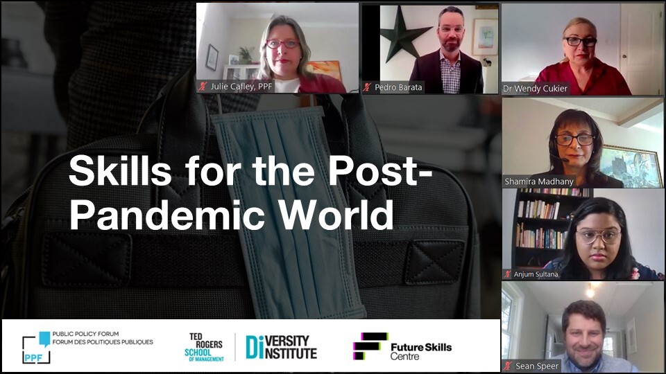 An image reading, “Skills for the Post-Pandemic World” with screenshots of webinar participants lining the top-right corner